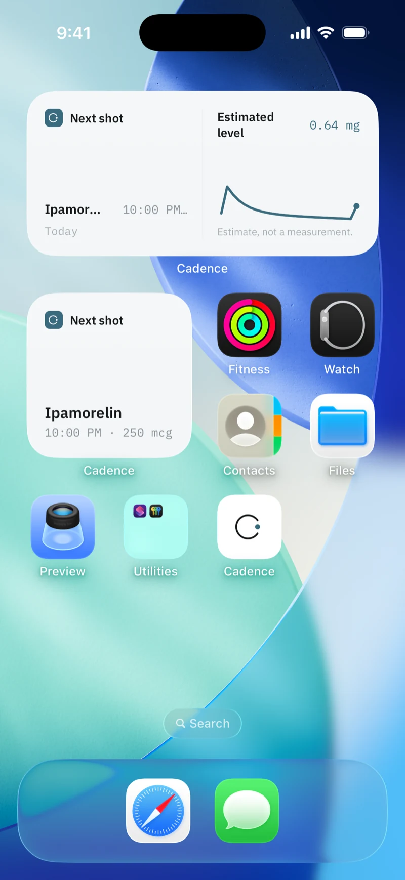 Home Screen widget: Next shot, Ipamorelin, 10:00 PM, 250 mcg