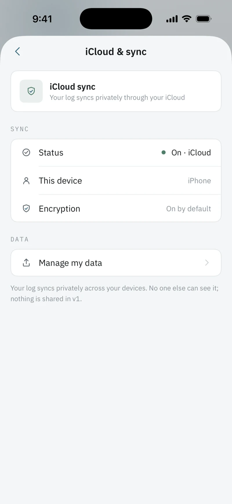 iCloud & sync settings: Status On · iCloud, Encryption on by default. Your log syncs privately across your devices. No one else can see it