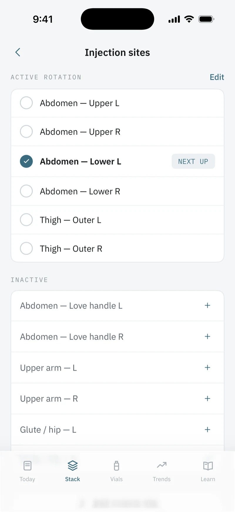 Injection sites: active rotation of six sites with Abdomen — Lower L marked NEXT UP