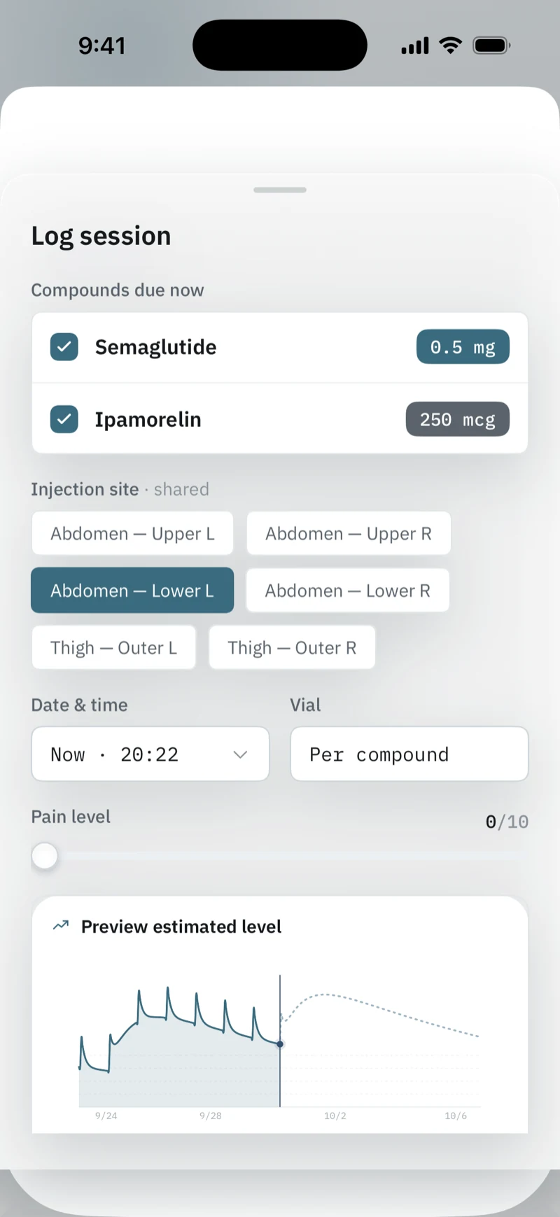 Log session sheet: Semaglutide 0.5 mg and Ipamorelin 250 mcg checked, shared injection site Abdomen — Lower L