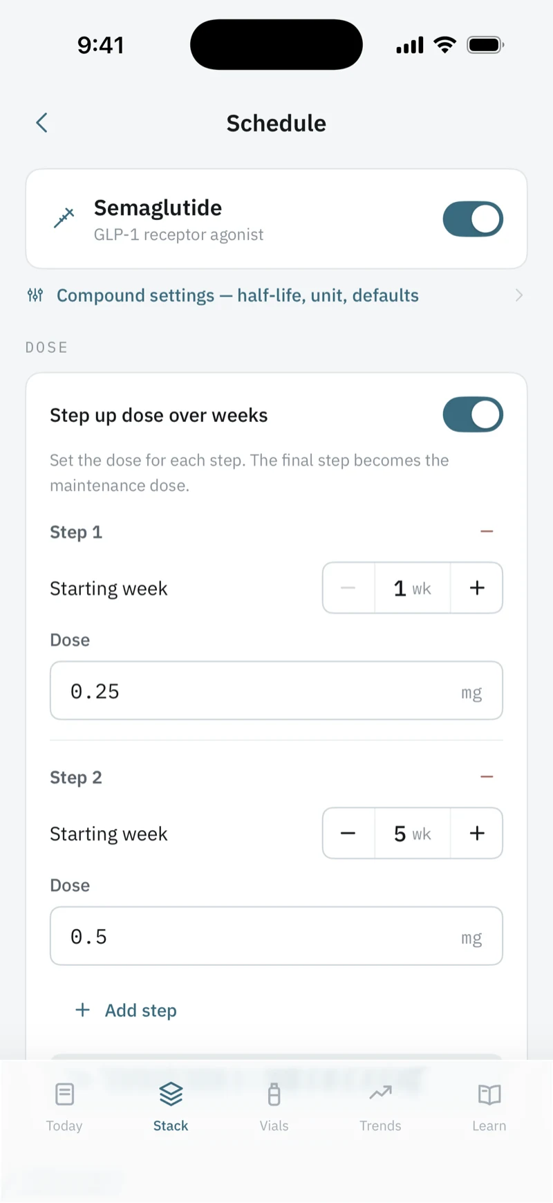 Schedule for Semaglutide with Step up dose over weeks on: Step 1 from week 1 at 0.25 mg, Step 2 from week 5 at 0.5 mg