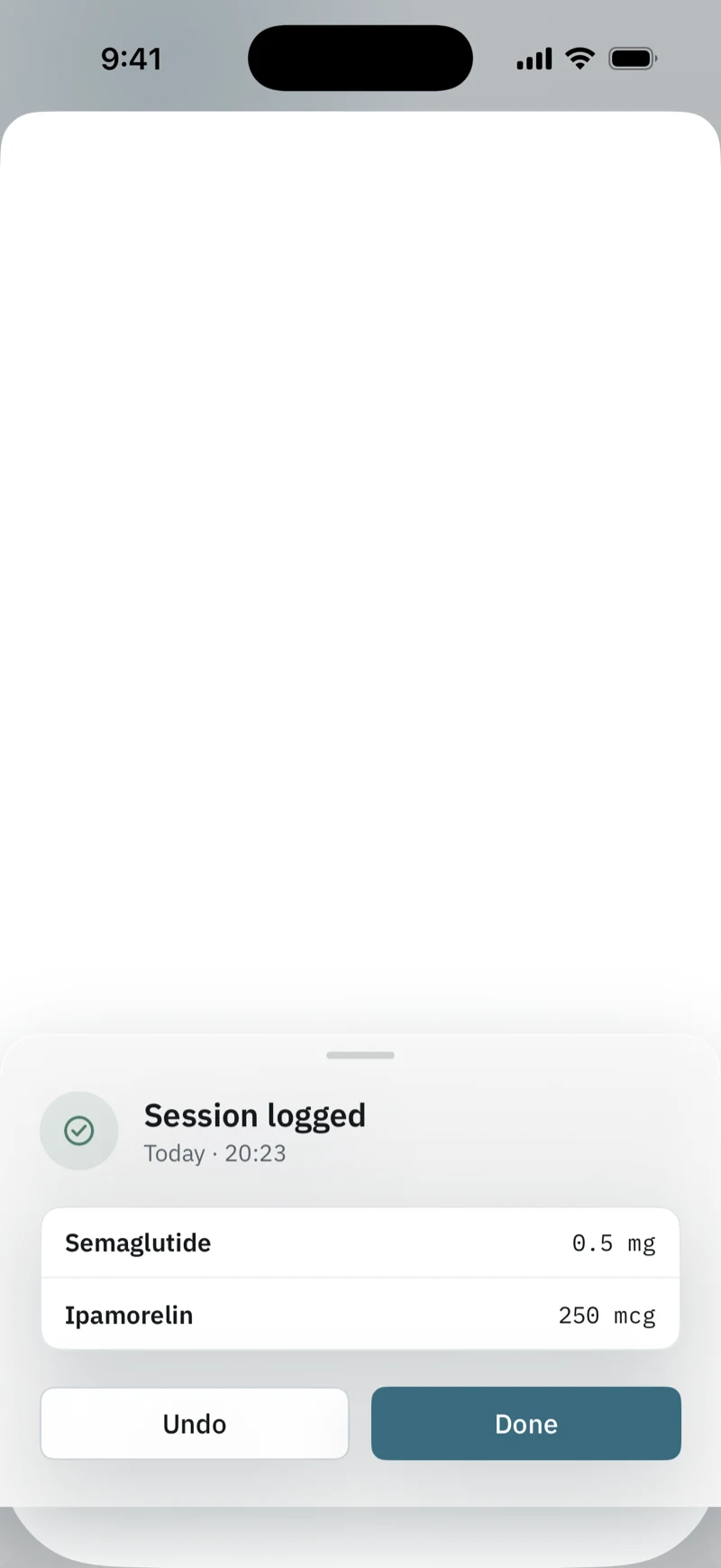 Session logged, Today 20:23: Semaglutide 0.5 mg, Ipamorelin 250 mcg, with Undo and Done