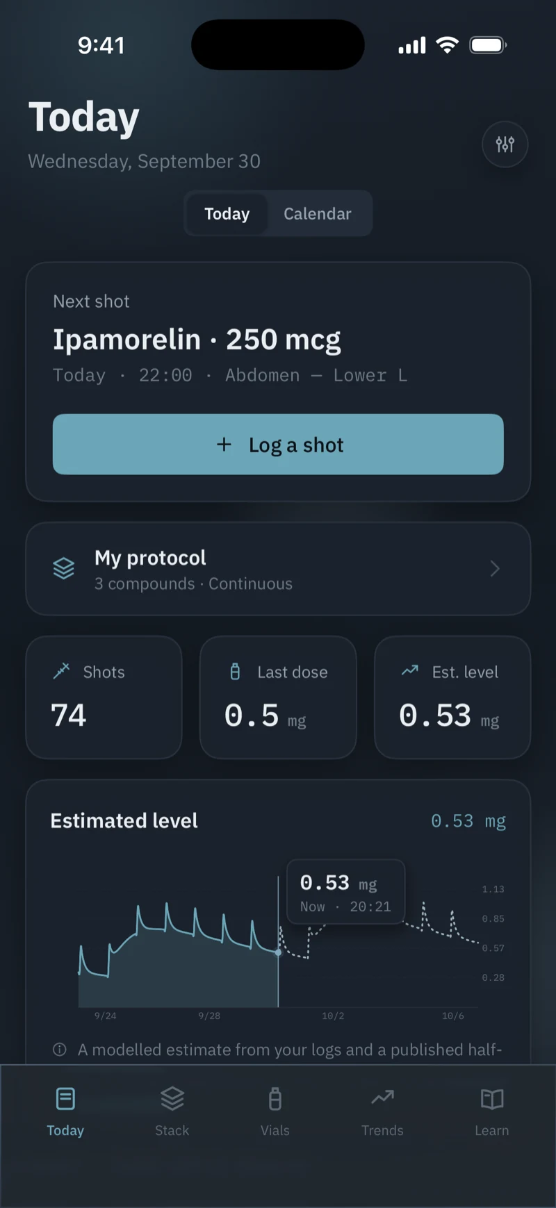 Cadence Today screen in dark mode: Next shot, Ipamorelin 250 mcg, Today 22:00, Abdomen — Lower L