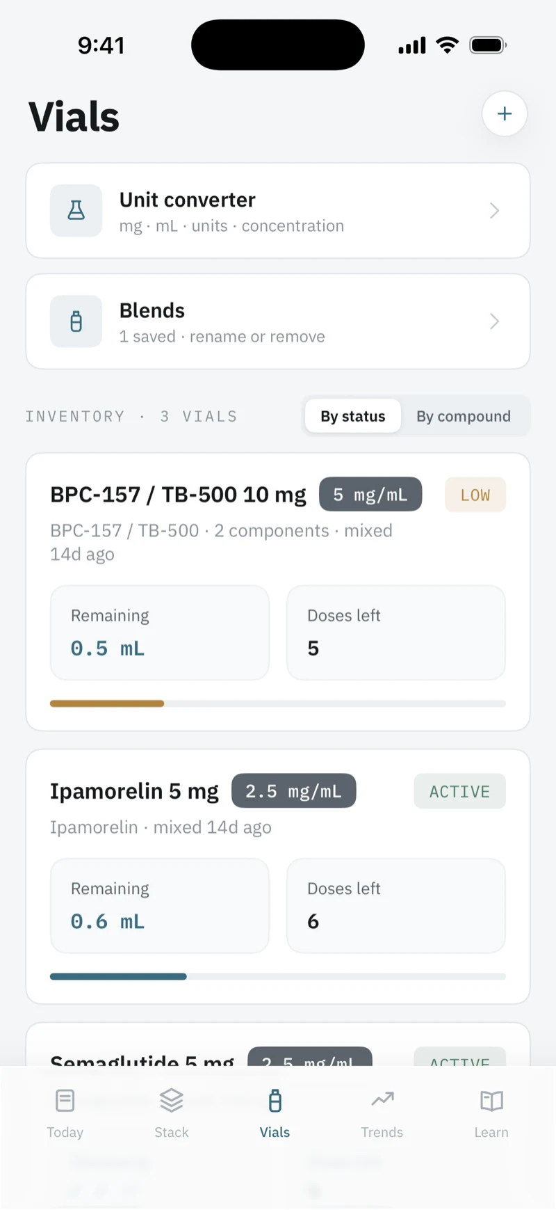 Vials tab: Unit converter, Blends, and inventory of 3 vials. BPC-157 / TB-500 10 mg at 5 mg/mL marked LOW with 5 doses left